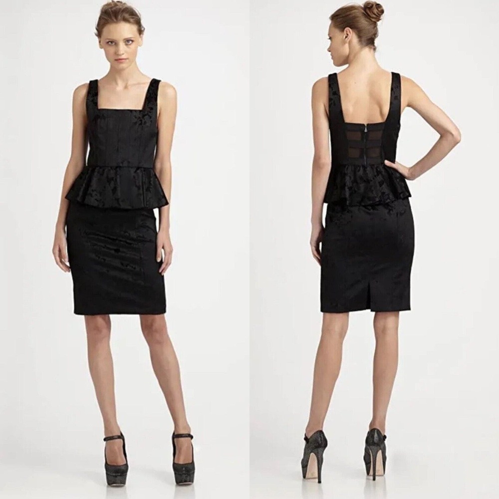 ALICE & OLIVIA Womens 0 BLACK DRESS Yodi brocade black Peplum Dress LBD - Picture 2 of 7